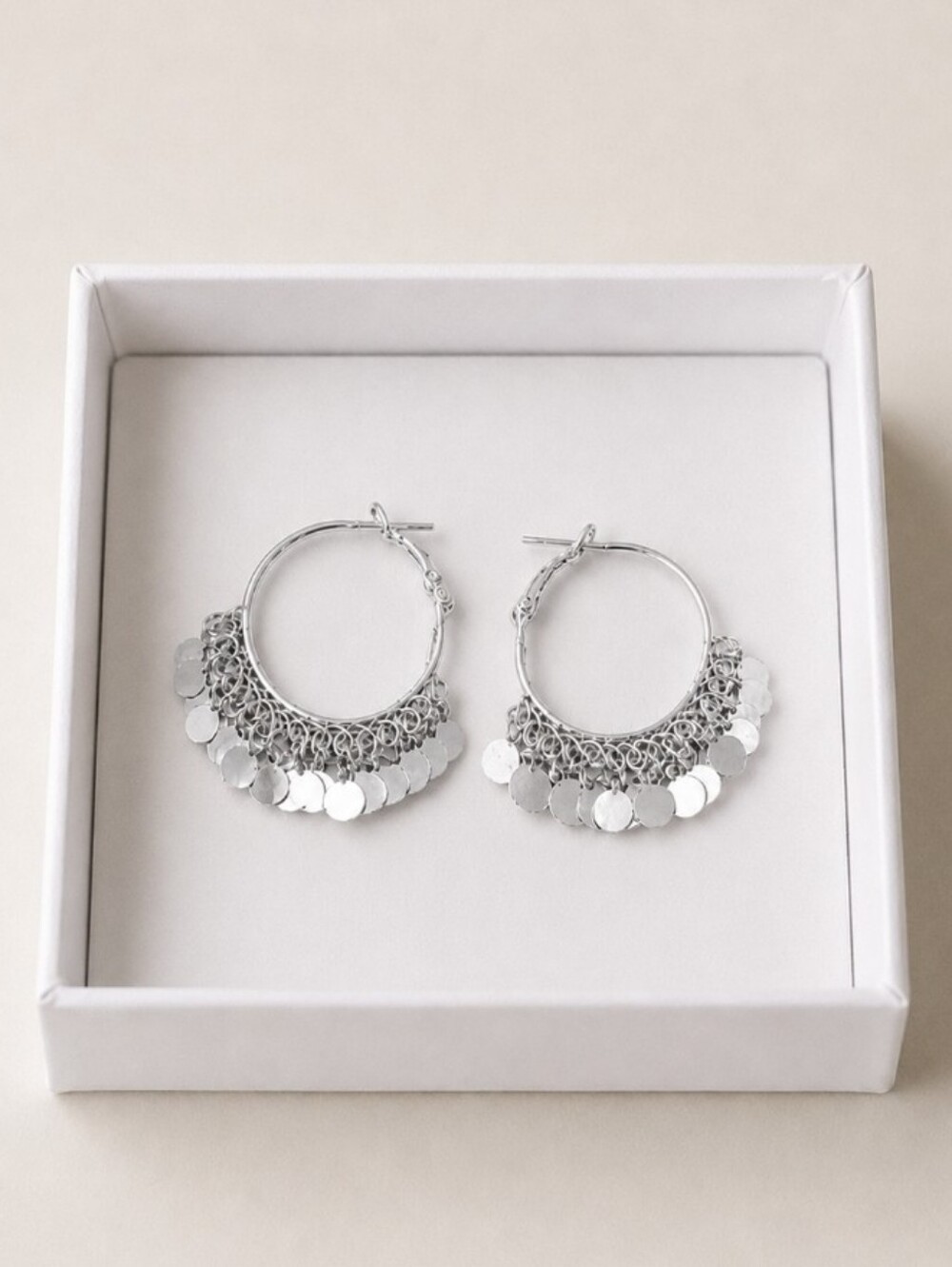 Silver Hoop Earrings - Coin Disk